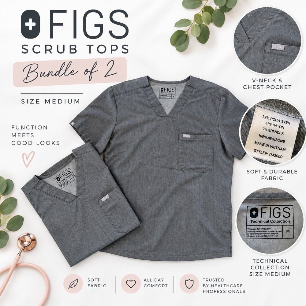FIGS Technical Collection Gray Scrub Tops Bundle of 2 Size Medium